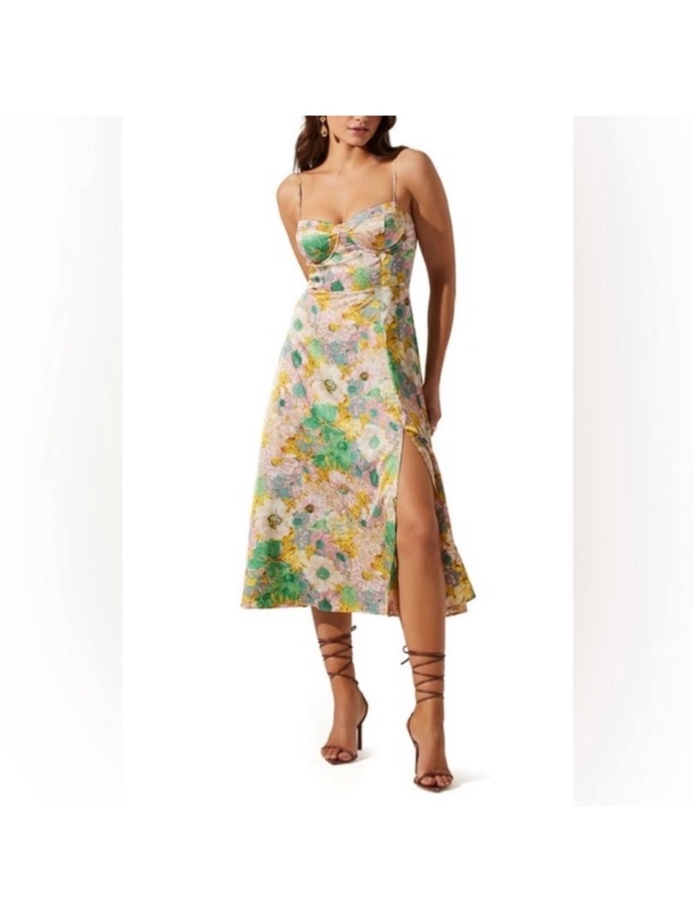 ASTR the label Floral Bustier Midi Dress with Side Slit - Green Multi